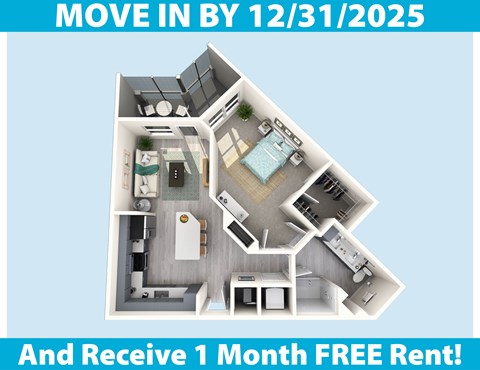A poster advertising a move-in by December 31, 2025 with a 1 month free rent offer.